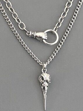 NEW, 2 pcs/set layered silver necklaces, HAND BIRD SKULL punk goth edgy